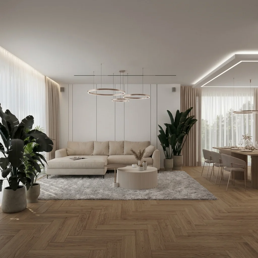 Wizualizacja 3D nowoczesnej strefy dziennej i kuchni z wyspą – projekt wnętrz Homely Studio Kraków